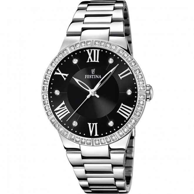 FESTINA Crystals F16719/2 Γυναικείο Ρολόι Quartz Μαύρο Καντράν Ασημί Μπρασελέ