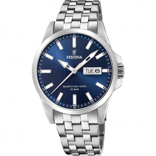 FESTINA F20357/3 Ανδρικό Ρολόι Quartz Μπλε Καντράν Ασημί Μπρασελέ 10 atm
