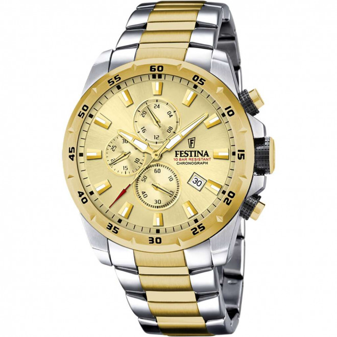 FESTINA Chronograph F20562/1 Ανδρικό Ρολόι Quartz Χρυσό Καντράν Δίχρωμο Μπρασελέ 10 atm