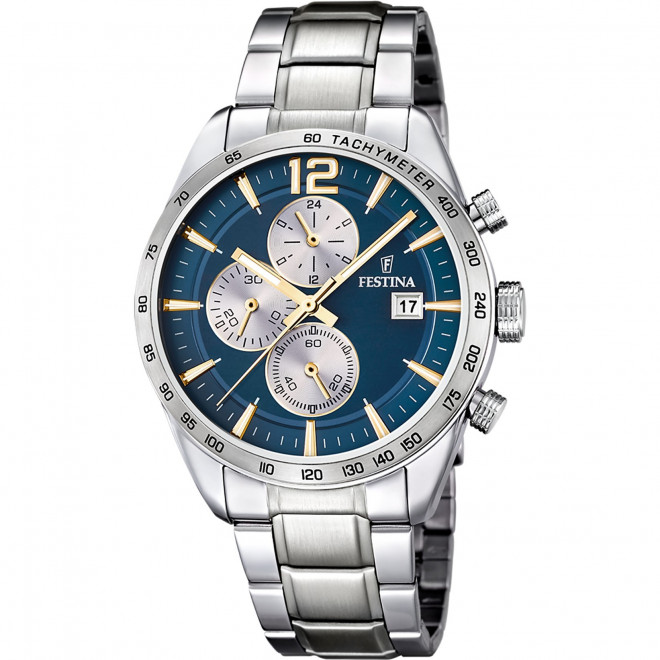 FESTINA Timeless Chronograph F16759/7 Ανδρικό Ρολόι Quartz Μπλε Καντράν Ασημί Μπρασελέ