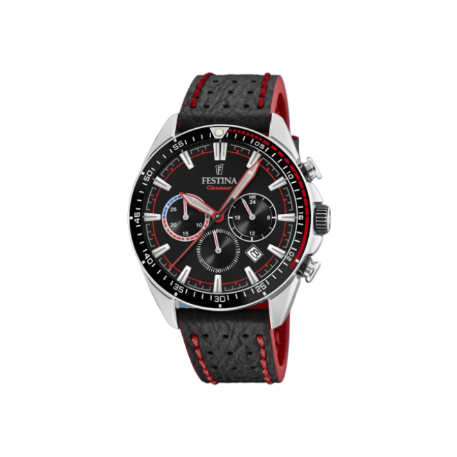 FESTINA Chrono Sport F20377/6 Ανδρικό Quartz Chronograph Δερμάτινο Λουράκι Μαύρο Κόκκινο 10 atm