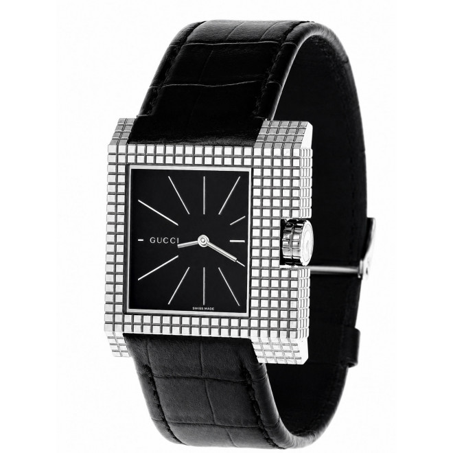 GUCCI 7100M Ελβετικό Ρολόι Quartz Τετράγωνο Μαύρο Καντράν Δερμάτινο Λουράκι