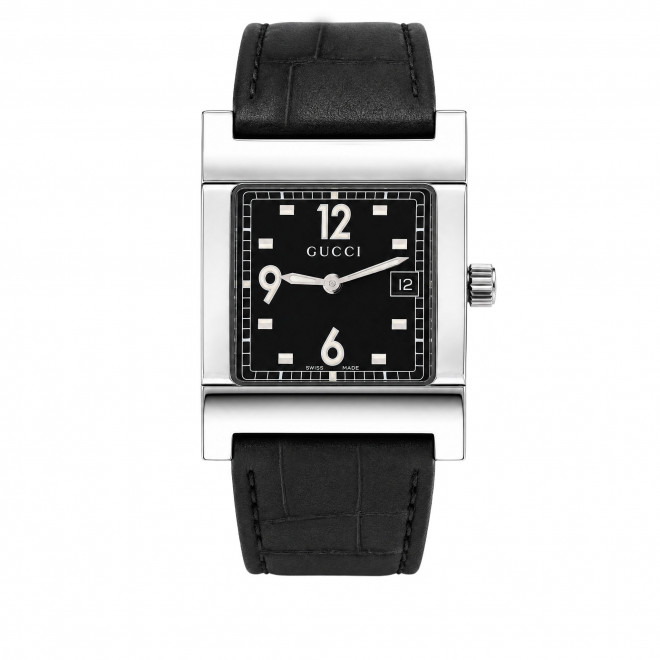 GUCCI 7700L Ελβετικό Ρολόι Quartz Τετράγωνο Μαύρο Καντράν Δερμάτινο Λουράκι