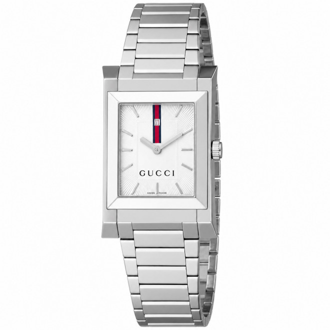 GUCCI 111M YA111302 Ελβετικό Ανδρικό Ρολόι Quartz Τετράγωνο Λευκό Καντράν Ασημί Μπρασελέ