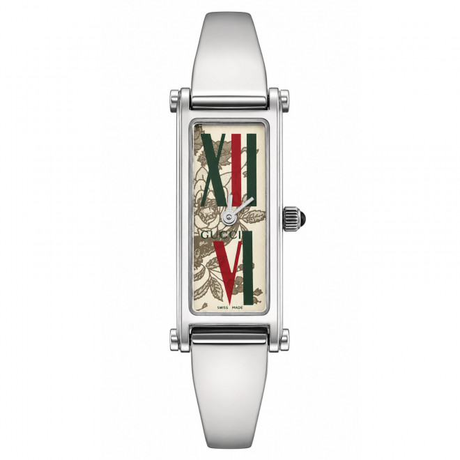 GUCCI 1500L Ελβετικό Γυναικείο Ρολόι Quartz Floral Καντράν Ασημί Μπρασελέ