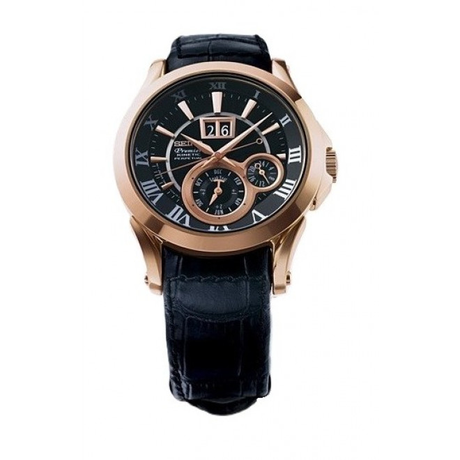 SEIKO Premier SNP036P1 Ανδρικό Ρολόι Kinetic Chronograph Ροζ Χάλκινη Κάσα Μαύρο Δερμάτινο Λουράκι