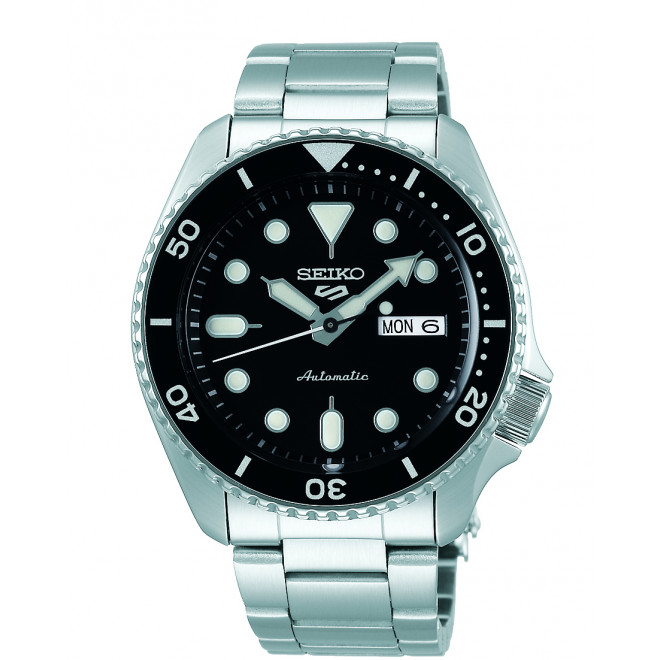 SEIKO 5 Sports SRPD55K1F Ανδρικό Ρολόι Αυτόματο Μαύρο Καντράν Ασημί Μπρασελέ 10 atm