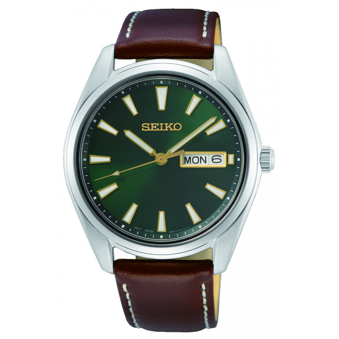 SEIKO Essential Time SUR449P1F Ανδρικό Quartz Πράσινο Καντράν Καφέ Δερμάτινο Λουράκι